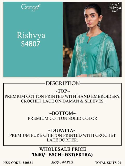 Ganga rishvya 4807 catalogue dress materials wholesale mumbai